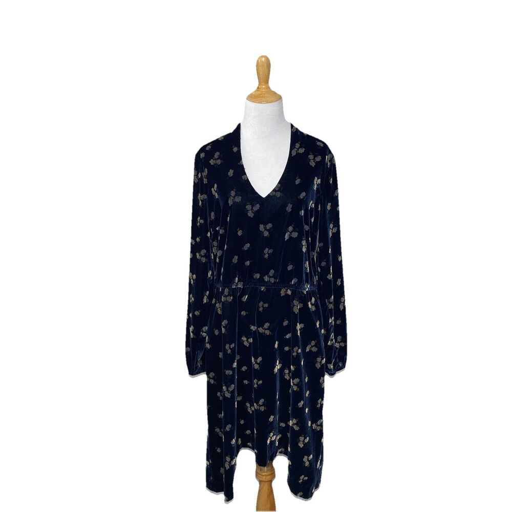 CAbi Style 3875 Decked Out Navy Velvet Floral V Neck LS Elastic Waist Dress Sz M